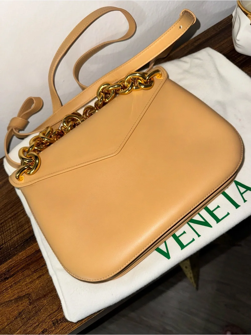 Bottega Veneta Beige Leather Shoulder Bag with Bold Gold Chain